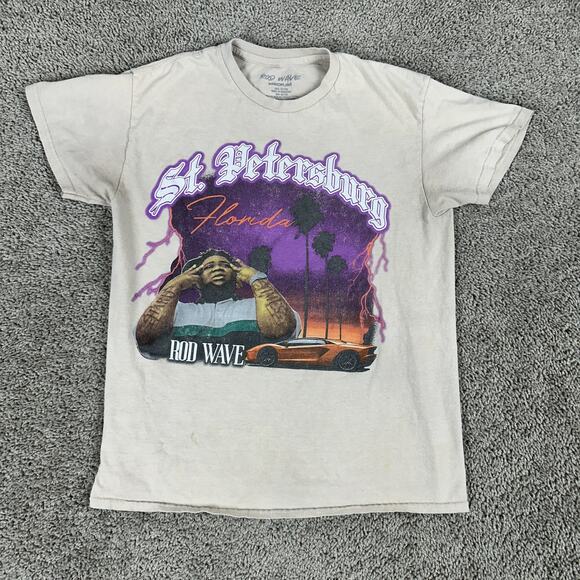 Rod Wave Shirt Mens Medium Beige Purple St Petersburg Florida Rap Hip Hop Casual - Picture 1 of 15